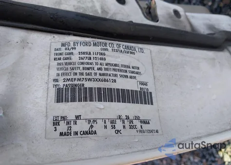 1999 Mercury Grand Marquis Ls from USA, damaged, VIN 2MEFM75W3XX686128